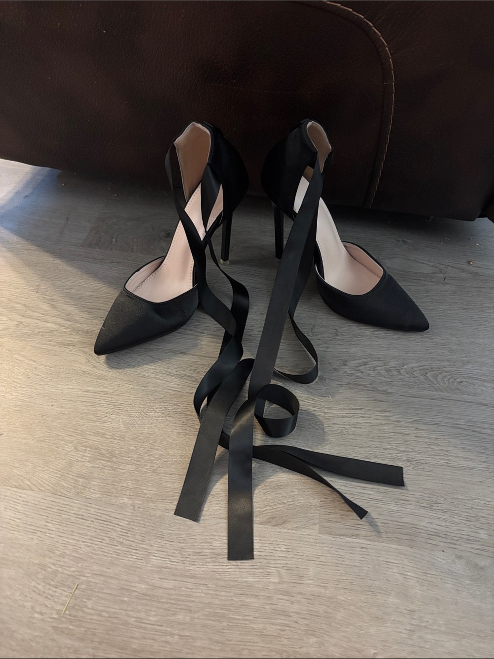 Black Satin Lace-Up Pointed Toe Stiletto Heels